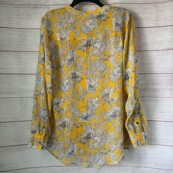 Liz Claiborne Yellow Sketch Floral Blouse Sheer Long Roll Tab Sleeves Size L - Picture 6 of 16